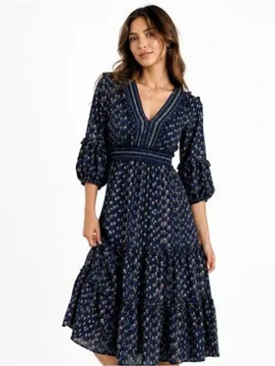 Max Studio Dresses & Skirts - MAX STUDIO BLUE PUFF SLEEVE SMOCKED MIDI EMPIRE WAIST DRESS L $138